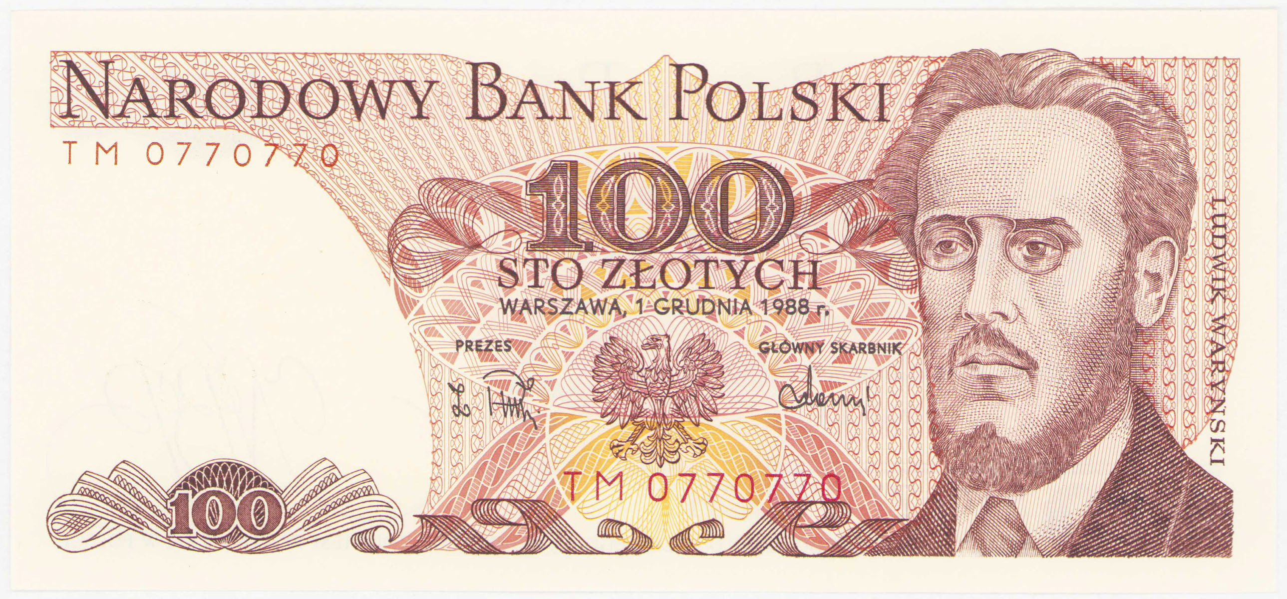 100 złotych 1988 seria TM - RADAR